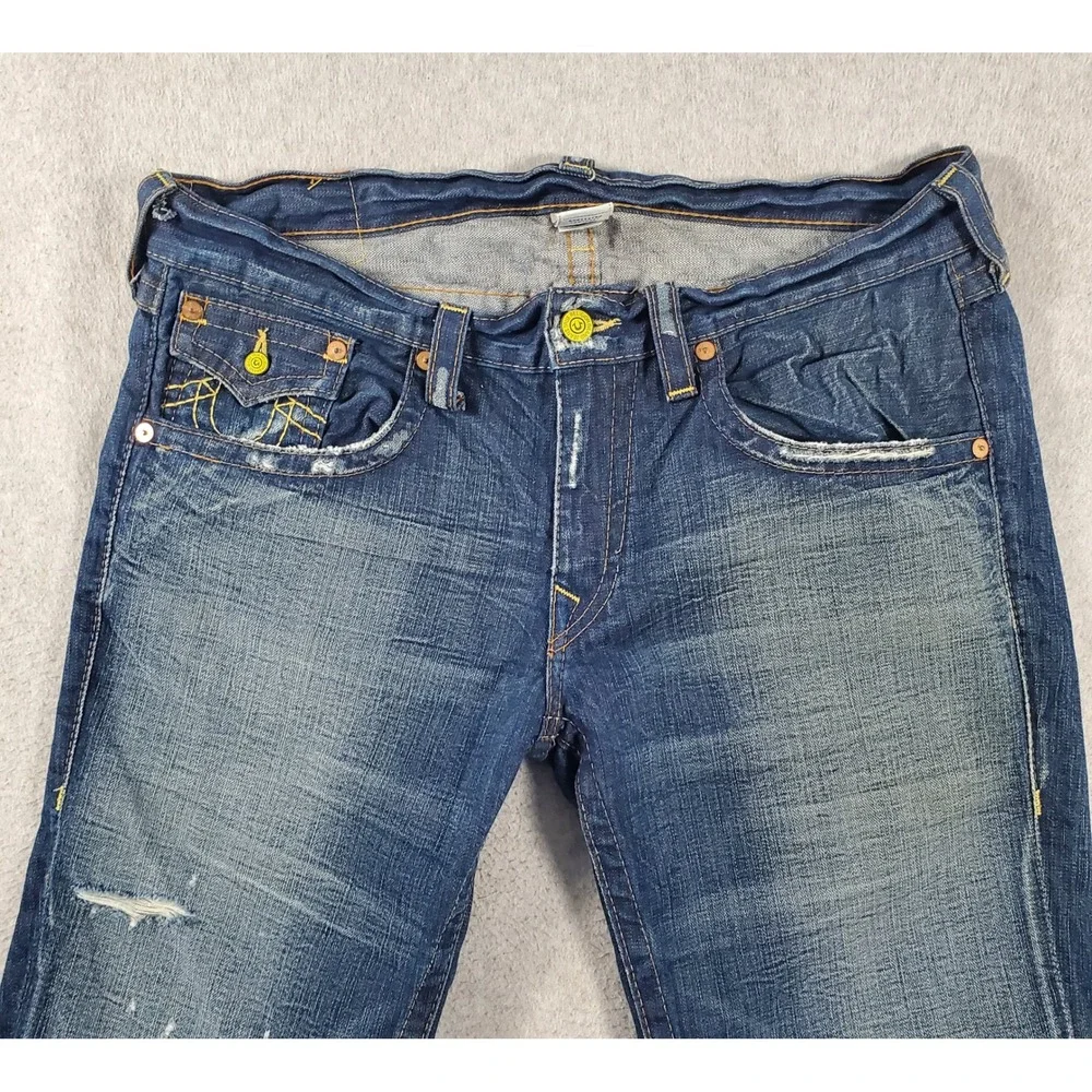 True Religion Billy Jeans Motor Psycho MD Wash Bootcut Distressed Mens 36x35